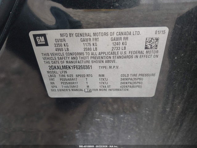 Aukcja sprzedaży 2015 Gmc Terrain Sle-1, vin: 2GKALMEK1F6260361, numer aukcji: 45189589