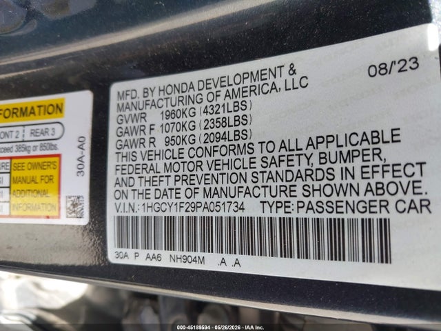 Продажа на аукционе авто 2023 Honda Accord Lx, vin: 1HGCY1F29PA051734, номер лота: 45189594