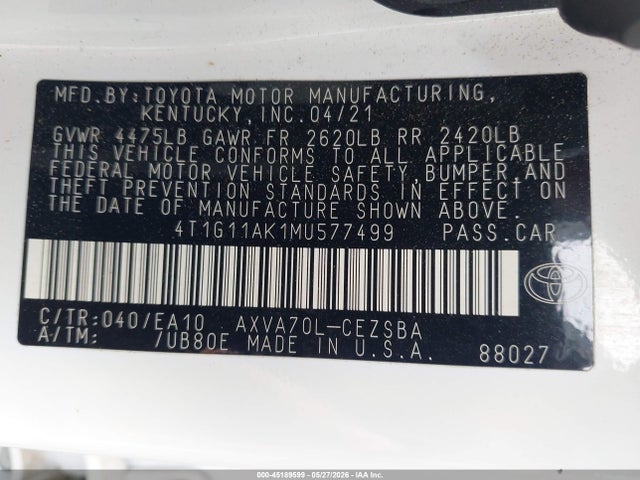 Aukcja sprzedaży 2021 Toyota Camry Se, vin: 4T1G11AK1MU577499, numer aukcji: 45189599