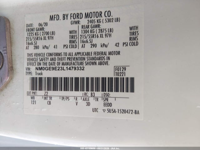 Aukcja sprzedaży 2020 Ford Transit Connect, vin: NM0GE9E23L1479332, numer aukcji: 45189608