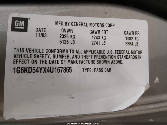 Auction sale of the 2004 Cadillac Deville Standard, vin: 1G6KD54YX4U167865, lot number: 45189619