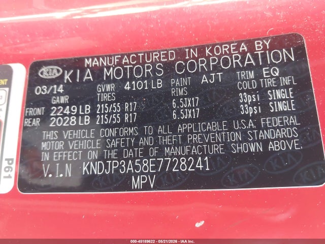 45189622 :رقم المزاد ، KNDJP3A58E7728241 vin ، 2014 Kia Soul + مزاد بيع
