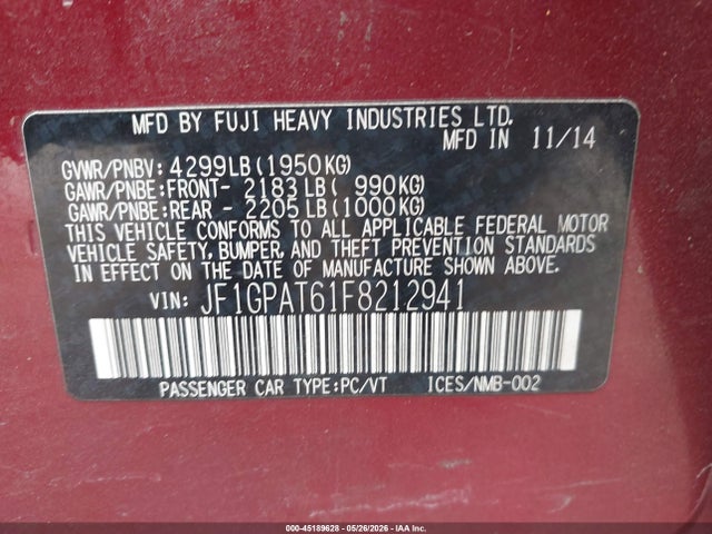 45189628 :رقم المزاد ، JF1GPAT61F8212941 vin ، 2015 Subaru Impreza 2.0i Sport Premium مزاد بيع