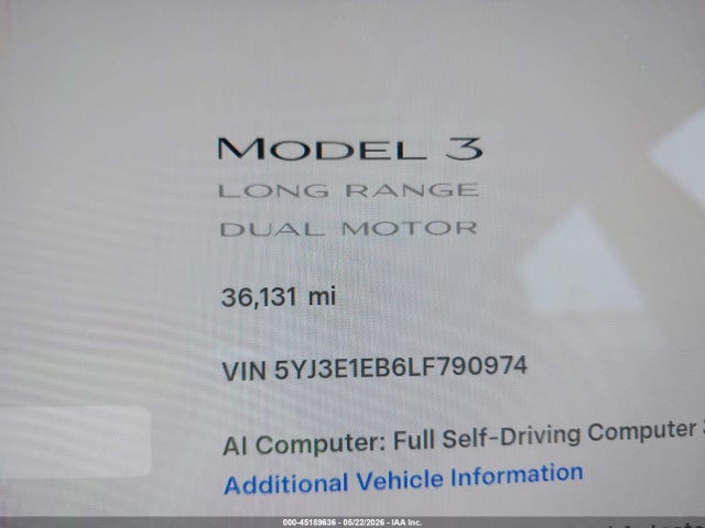 45189636 :رقم المزاد ، 5YJ3E1EB6LF790974 vin ، 2020 Tesla Model 3 Long Range Dual Motor All-wheel Drive مزاد بيع