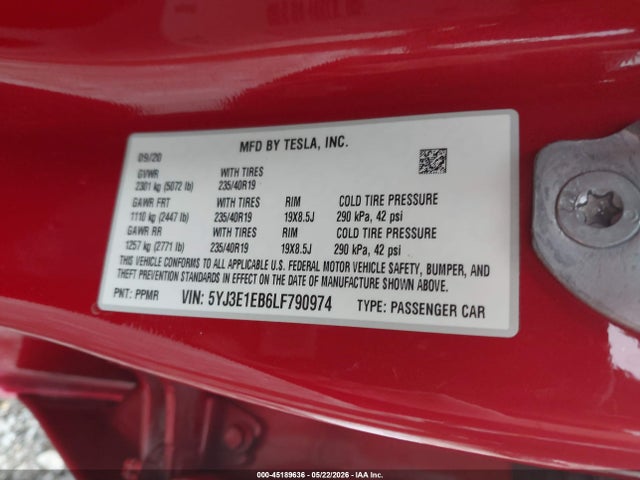 45189636 :رقم المزاد ، 5YJ3E1EB6LF790974 vin ، 2020 Tesla Model 3 Long Range Dual Motor All-wheel Drive مزاد بيع