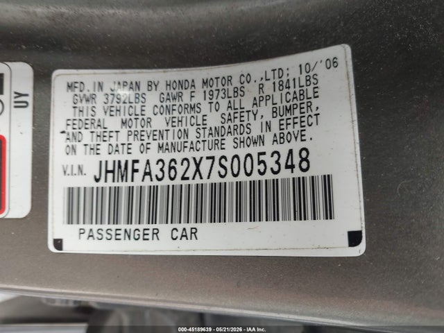 Aukcja sprzedaży 2007 Honda Civic Hybrid, vin: JHMFA362X7S005348, numer aukcji: 45189639