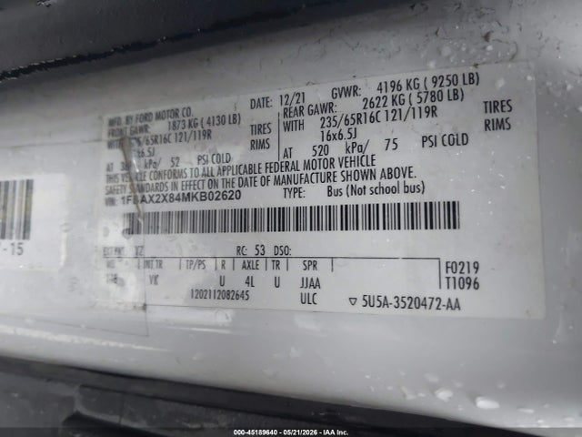 Aukcja sprzedaży 2021 Ford Transit-350 Passenger Van Xl, vin: 1FBAX2X84MKB02620, numer aukcji: 45189640