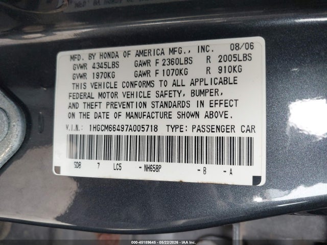 Aukcja sprzedaży 2007 Honda Accord 3.0 Se, vin: 1HGCM66497A005718, numer aukcji: 45189645