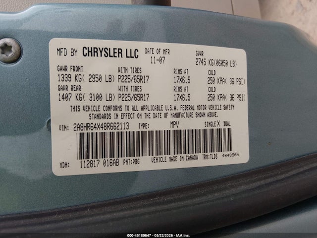 Aukcja sprzedaży 2008 Chrysler Town & Country Limited, vin: 2A8HR64X48R662113, numer aukcji: 45189647