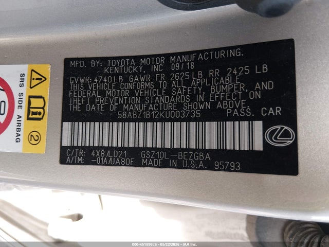 2019 Lexus Es 350 მანქანა იყიდება აუქციონზე, vin: 58ABZ1B12KU003735, აუქციონის ნომერი: 45189686