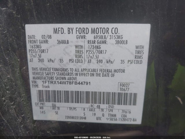 2008 Ford F-150 Stx/xl/xlt მანქანა იყიდება აუქციონზე, vin: 1FTRX14W78FB44791, აუქციონის ნომერი: 45189690