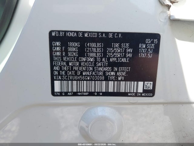 2016 Honda Hr-v Ex მანქანა იყიდება აუქციონზე, vin: 3CZRU6H56GM703098, აუქციონის ნომერი: 45189691