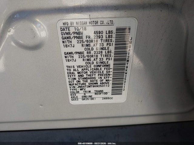 Продажа на аукционе авто 2019 Nissan Rogue Sv, vin: JN8AT2MT9KW250112, номер лота: 45189699