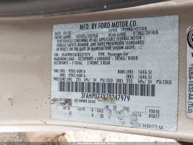 Продаж на аукціоні авто 2007 Ford Fusion Se, vin: 3FAHP07ZX7R247979, номер лоту: 45189709