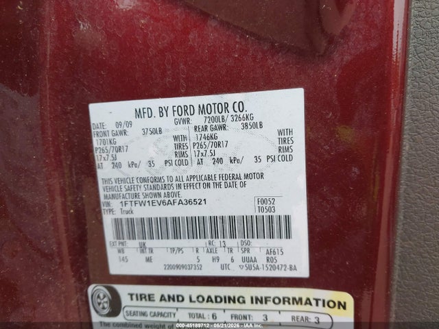 Aukcja sprzedaży 2010 Ford F-150 Fx4/harley-davidson/king Ranch/lariat/platinum/xl/xlt, vin: 1FTFW1EV6AFA36521, numer aukcji: 45189712