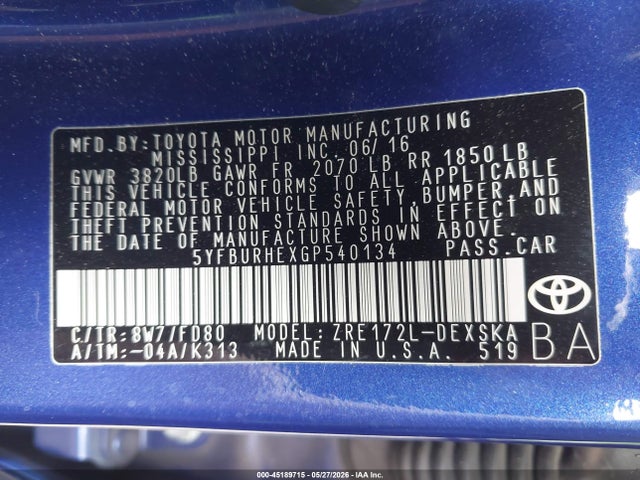 5YFBURHEXGP540134 Toyota Corolla S Plus