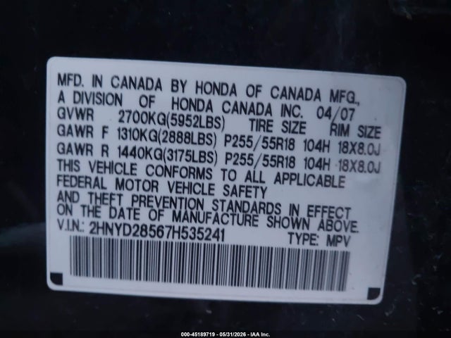 2007 Acura Mdx Sport Package მანქანა იყიდება აუქციონზე, vin: 2HNYD28567H535241, აუქციონის ნომერი: 45189719