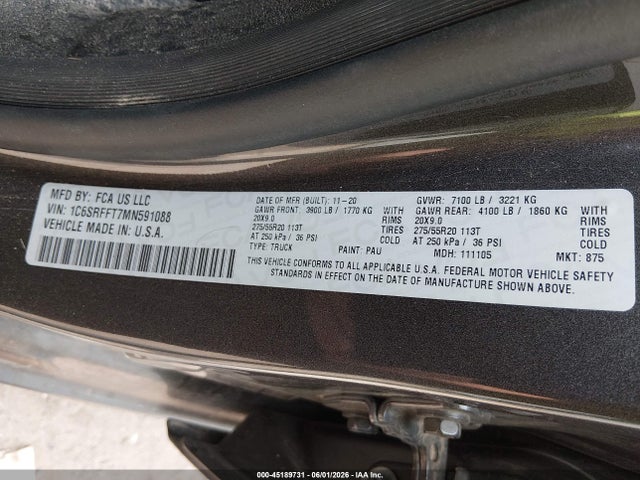 Продаж на аукціоні авто 2021 Ram 1500, vin: 1C6SRFFT7MN591088, номер лоту: 45189731