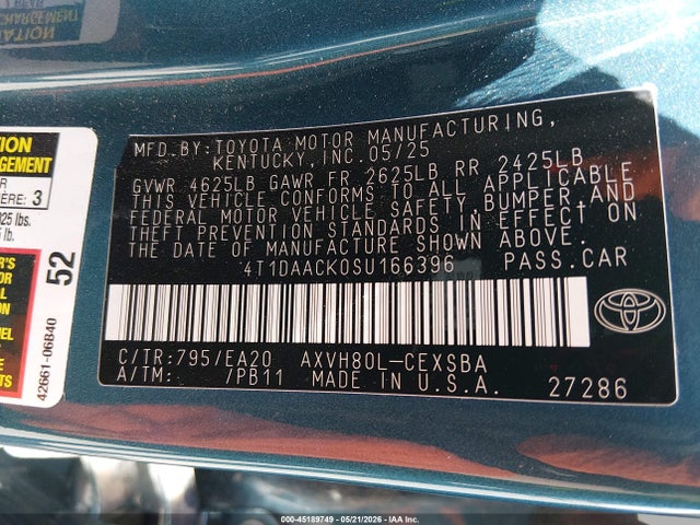 2025 Toyota Camry Se მანქანა იყიდება აუქციონზე, vin: 4T1DAACK0SU166396, აუქციონის ნომერი: 45189749