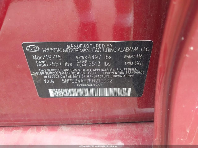 Auction sale of the 2015 Hyundai Sonata Sport, vin: 5NPE34AF7FH210002, lot number: 45189770
