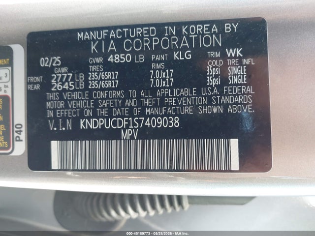 45189773 :رقم المزاد ، KNDPUCDF1S7409038 vin ، 2025 Kia Sportage Lx مزاد بيع