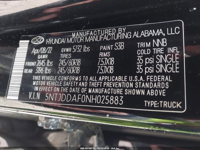 45189774 :رقم المزاد ، 5NTJDDAF0NH025883 vin ، 2022 Hyundai Santa Cruz Sel Premium مزاد بيع