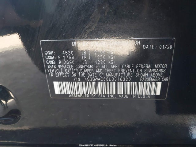 Aukcja sprzedaży 2020 Subaru Legacy Premium, vin: 4S3BWAC68L3016320, numer aukcji: 45189777