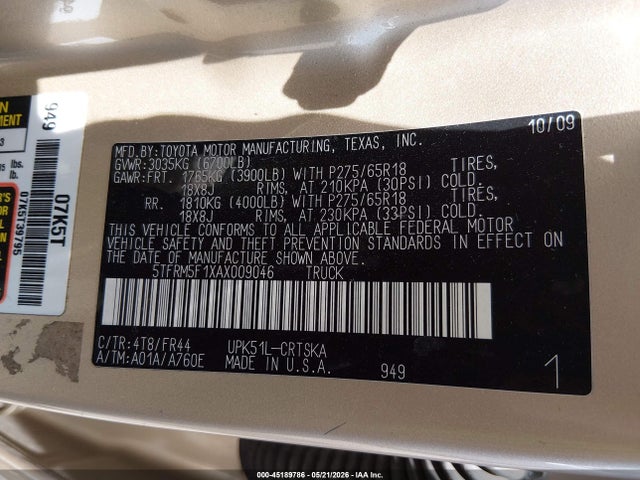 2010 Toyota Tundra Grade 4.6l V8 მანქანა იყიდება აუქციონზე, vin: 5TFRM5F1XAX009046, აუქციონის ნომერი: 45189786