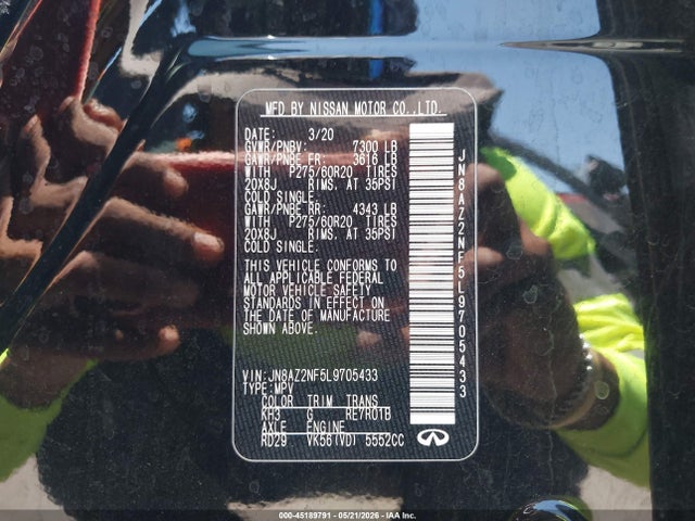 2020 Infiniti Qx80 Luxe მანქანა იყიდება აუქციონზე, vin: JN8AZ2NF5L9705433, აუქციონის ნომერი: 45189791