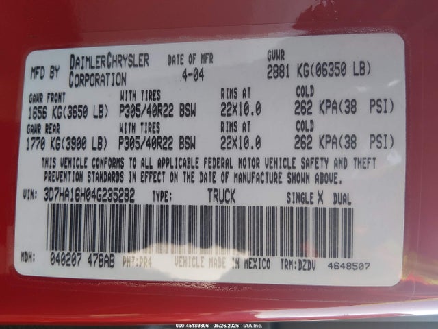 45189806 :رقم المزاد ، 3D7HA16H04G235282 vin ، 2004 Dodge Ram 1500 Srt-10 مزاد بيع