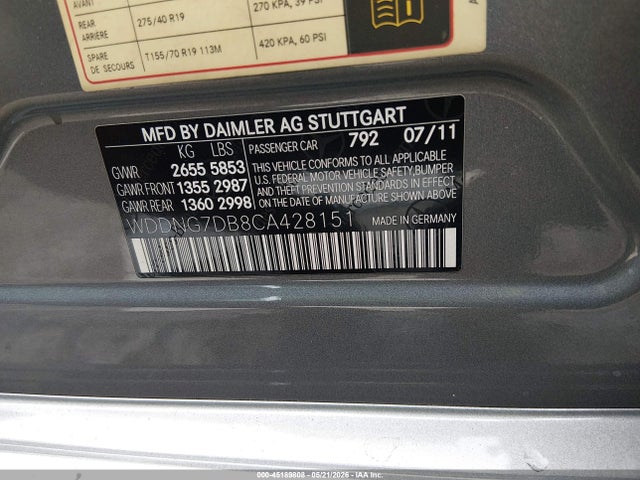 45189808 :رقم المزاد ، WDDNG7DB8CA428151 vin ، 2012 Mercedes-benz S 550 مزاد بيع