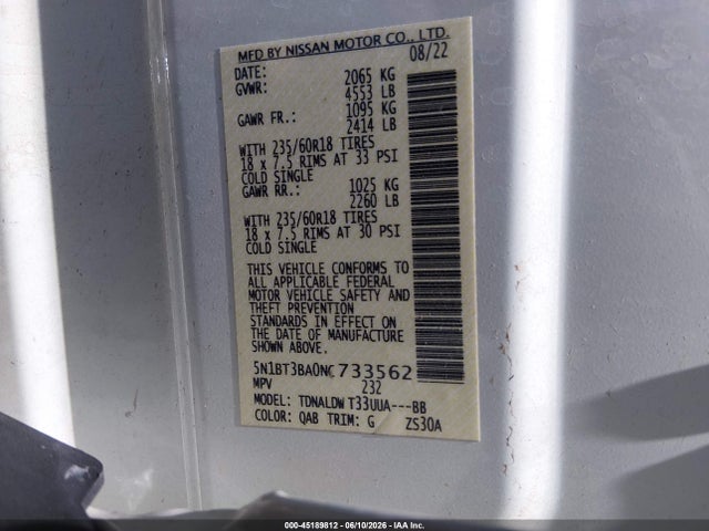 5N1BT3BA0NC733562 Nissan Rogue Sv Fwd