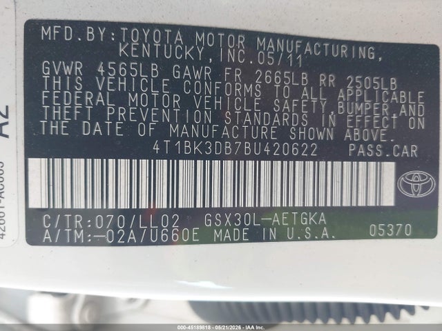 Aukcja sprzedaży 2011 Toyota Avalon, vin: 4T1BK3DB7BU420622, numer aukcji: 45189818