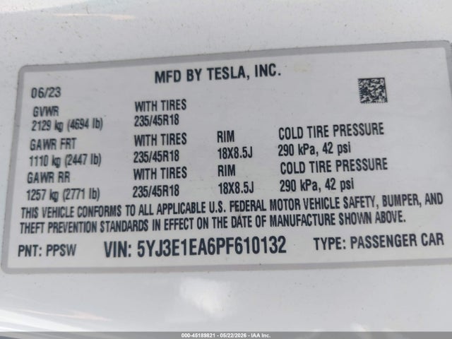 Tesla Model 3 Rear-wheel Drive 2023 5YJ3E1EA6PF610132 Image 9