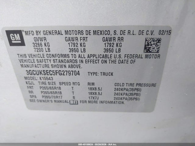 3GCUKSEC5FG279704 Chevrolet Silverado 1500 1lz