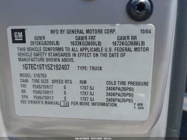 Продаж на аукціоні авто 2005 Gmc Sierra 1500 Sle, vin: 1GTEC19T15Z182407, номер лоту: 45189828