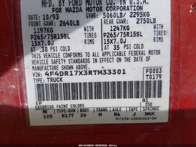 Продаж на аукціоні авто 1994 Mazda B4000 Cab Plus, vin: 4F4DR17X3RTM33301, номер лоту: 45189835