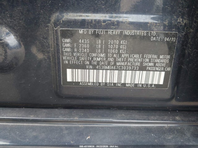 Продаж на аукціоні авто 2012 Subaru Legacy 2.5i, vin: 4S3BMBA67C3039733, номер лоту: 45189838