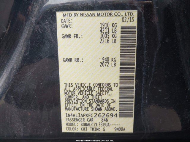 1N4AL3APXFC262694 Nissan Altima 2.5/2.5 S/2.5 Sl/2.5 Sv