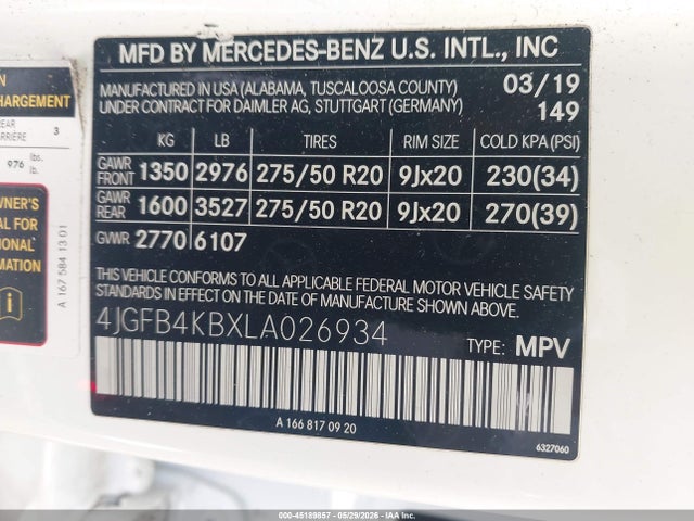 45189857 :رقم المزاد ، 4JGFB4KBXLA026934 vin ، 2020 Mercedes-benz Gle 350 4matic مزاد بيع