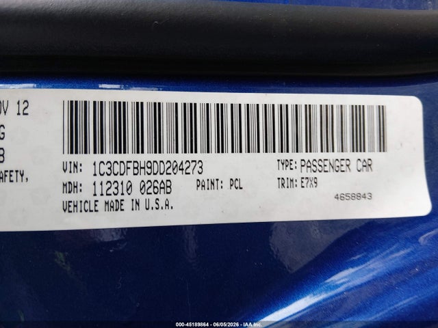 2013 Dodge Dart Sxt მანქანა იყიდება აუქციონზე, vin: 1C3CDFBH9DD204273, აუქციონის ნომერი: 45189864