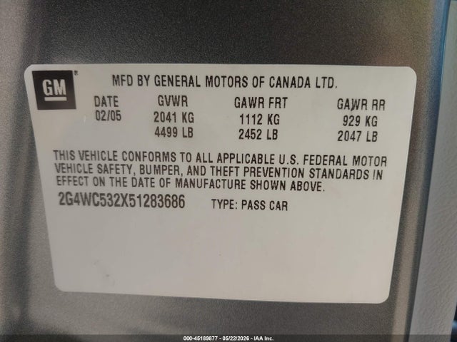 Продажа на аукционе авто 2005 Buick Lacrosse Cx, vin: 2G4WC532X51283686, номер лота: 45189877