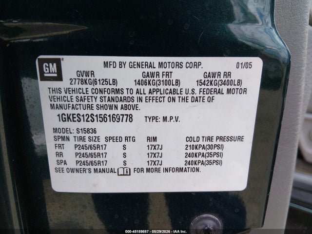 2005 Gmc Envoy Xuv Slt მანქანა იყიდება აუქციონზე, vin: 1GKES12S156169778, აუქციონის ნომერი: 45189887