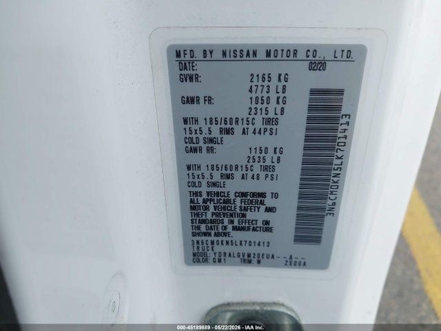 Aukcja sprzedaży 2020 Nissan Nv200  Cargo Sv Xtronic Cvt, vin: 3N6CM0KN5LK701413, numer aukcji: 45189889