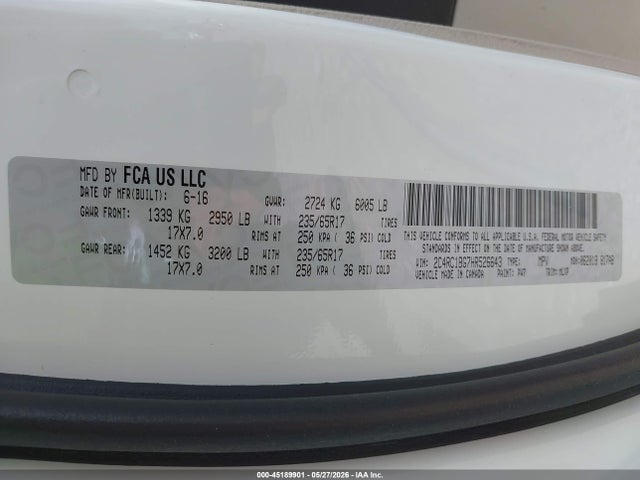 45189901 :رقم المزاد ، 2C4RC1BG7HR526643 vin ، 2017 Chrysler Pacifica Touring-l مزاد بيع