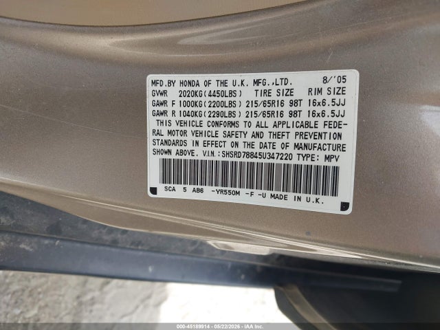 Продаж на аукціоні авто 2005 Honda Cr-v Ex, vin: SHSRD78845U347220, номер лоту: 45189914