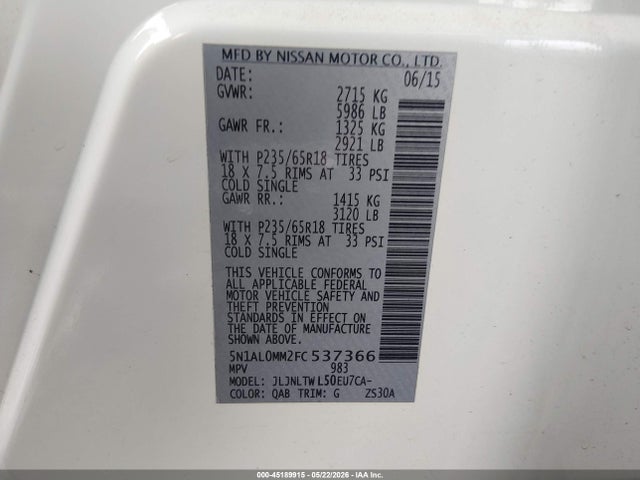 Aukcja sprzedaży 2015 Infiniti Qx60, vin: 5N1AL0MM2FC537366, numer aukcji: 45189915