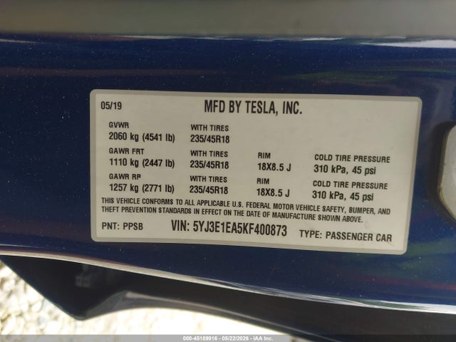 Tesla Model 3 Long Range/mid Range/standard Range/standard Range Plus 2019 5YJ3E1EA5KF400873 Image 9