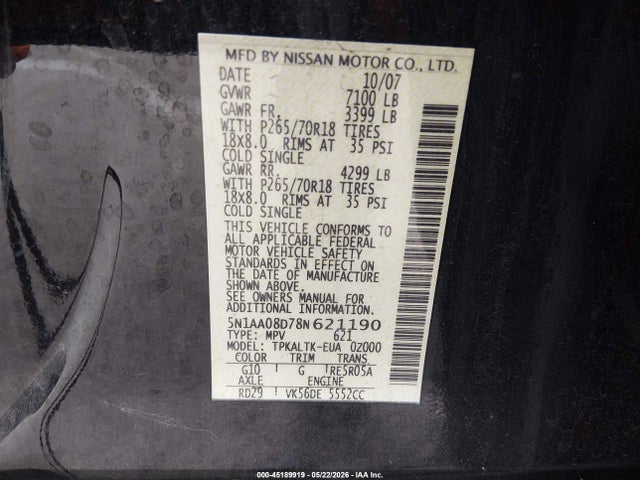 Продаж на аукціоні авто 2008 Nissan Armada Se, vin: 5N1AA08D78N621190, номер лоту: 45189919