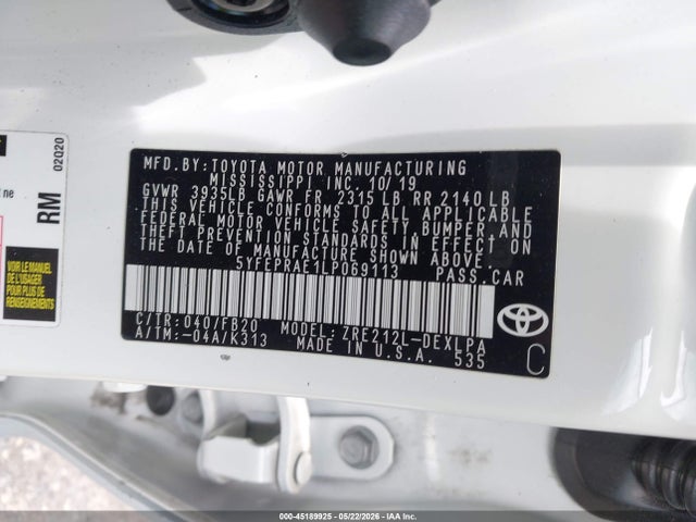 Aukcja sprzedaży 2020 Toyota Corolla Le, vin: 5YFEPRAE1LP069113, numer aukcji: 45189925
